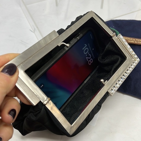 Bottega Veneta Black Silk Nylon Silver and Crystal Structured Evening Clutch Bag - Picture 7 of 13